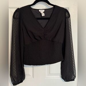 Sheer Dotted Longsleeve Smocked Crop Top